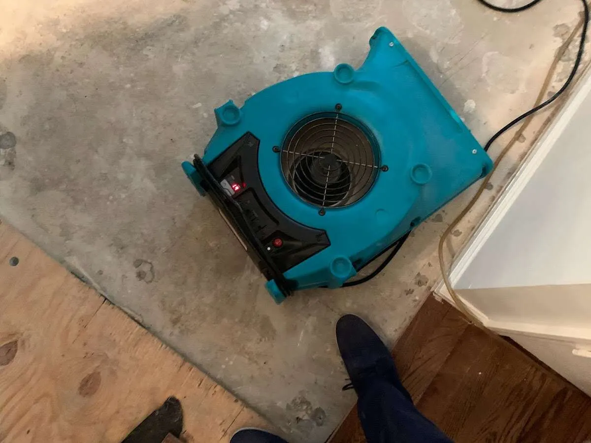 Air mover drying subfloor during Leak Detection & Repair in Fruitridge Pocket